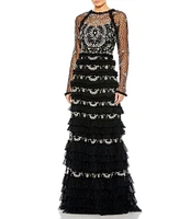 Mac Duggal Polka Dot Print Illusion Crew Neck Long Mesh Sleeve Tiered Ruffled Gown