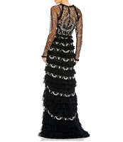 Mac Duggal Polka Dot Print Illusion Crew Neck Long Mesh Sleeve Tiered Ruffled Gown