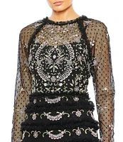 Mac Duggal Polka Dot Print Illusion Crew Neck Long Mesh Sleeve Tiered Ruffled Gown