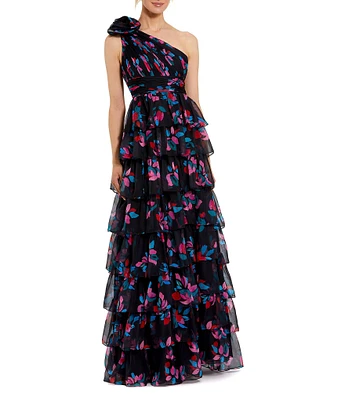 Mac Duggal Printed Chiffon One Shoulder Sleeveless Ruffle Tiered A-Line Gown