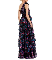 Mac Duggal Printed Chiffon One Shoulder Sleeveless Ruffle Tiered A-Line Gown