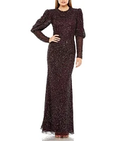 Mac Duggal Puff Sleeve Beaded Column Gown