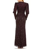 Mac Duggal Puff Sleeve Beaded Column Gown