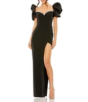 Mac Duggal Puff Sleeve Beaded Trim Satin Column Gown