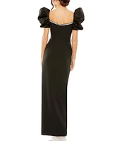 Mac Duggal Puff Sleeve Beaded Trim Satin Column Gown