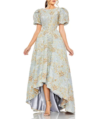 Mac Duggal Puff Sleeve Brocade Gown With Hilo Hem
