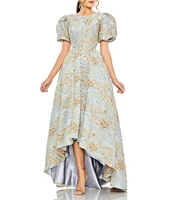 Mac Duggal Puff Sleeve Brocade Gown With Hilo Hem