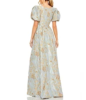 Mac Duggal Puff Sleeve Brocade Gown With Hilo Hem