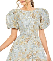 Mac Duggal Puff Sleeve Brocade Gown With Hilo Hem