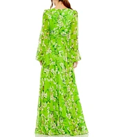 Mac Duggal Puff Sleeve Floral Print Chiffon Gown