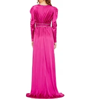 Mac Duggal Rhinestone Trim Plunge V-Neck Puff Long Sleeve Thigh High Slit Satin Empire Gown