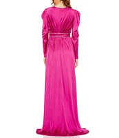 Mac Duggal Rhinestone Trim Plunge V-Neck Puff Long Sleeve Thigh High Slit Satin Empire Gown