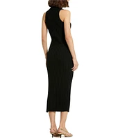 Mac Duggal Ribbed Knit Point Collar Sleeveless Decorative Button Midi Sheath Dress