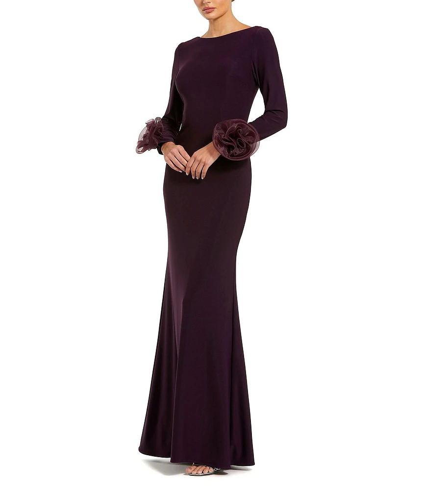 Mac Duggal Round Neck 3D Floral Sleeves Jersey Gown