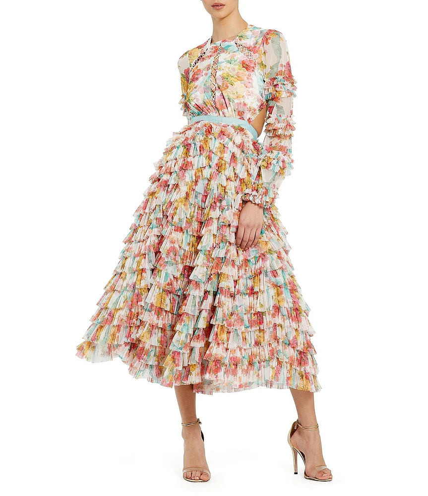 Mac Duggal Round Neck Cut Out Long Sleeve Tiered Ruffle Printed Chiffon Aline Midi Dress