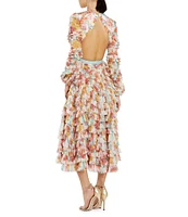 Mac Duggal Round Neck Cut Out Long Sleeve Tiered Ruffle Printed Chiffon Aline Midi Dress