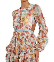 Mac Duggal Round Neck Cut Out Long Sleeve Tiered Ruffle Printed Chiffon Aline Midi Dress