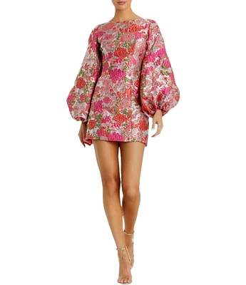 Mac Duggal Round Neck Long Bishop Sleeves Floral Brocade Sheath Dress