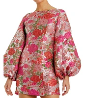 Mac Duggal Round Neck Long Bishop Sleeves Floral Brocade Sheath Dress