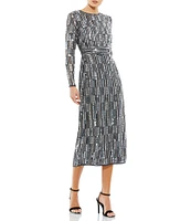 Mac Duggal Round Neck Long Sleeve Pailette Sequin Midi Dress