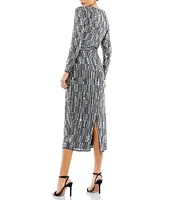 Mac Duggal Round Neck Long Sleeve Pailette Sequin Midi Dress