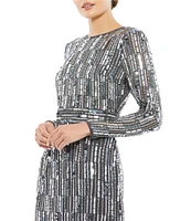 Mac Duggal Round Neck Long Sleeve Pailette Sequin Midi Dress