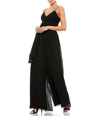 Mac Duggal Ruched Bodice Tie Waist Chiffon Jumpsuit