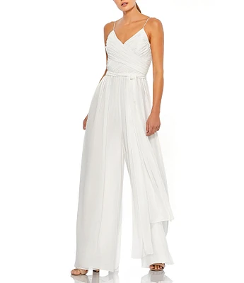 Mac Duggal Ruched Bodice Tie Waist Chiffon Jumpsuit