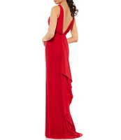 Mac Duggal Ruched Deep V-Neck Sleeveless Low Back Detail Thigh High Slit Gown