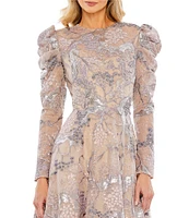 Mac Duggal Ruched Embroidered Mesh Illusion Crew Neck Puff Long Sleeve A-Line Midi Dress