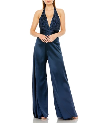 Mac Duggal Ruched Halter V-Neck Wide Leg Satin Jumpsuit