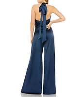 Mac Duggal Ruched Halter V-Neck Wide Leg Satin Jumpsuit