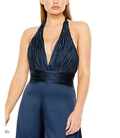 Mac Duggal Ruched Halter V-Neck Wide Leg Satin Jumpsuit