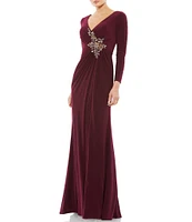 Mac Duggal Ruched Rhinestone Applique V-Neck Long Sleeve Gown