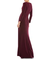 Mac Duggal Ruched Rhinestone Applique V-Neck Long Sleeve Gown