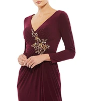 Mac Duggal Ruched Rhinestone Applique V-Neck Long Sleeve Gown