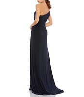 Mac Duggal Ruched Sleeveless One Shoulder Front Slit Sheath Gown