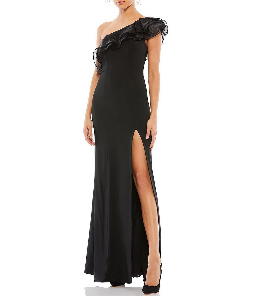 Mac Duggal Ruffle Asymmetrical One Shoulder Cap Sleeve Thigh High Slit Gown