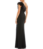 Mac Duggal Ruffle Asymmetrical One Shoulder Cap Sleeve Thigh High Slit Gown