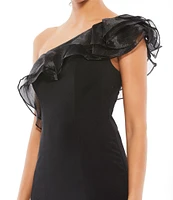 Mac Duggal Ruffle Asymmetrical One Shoulder Cap Sleeve Thigh High Slit Gown