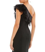 Mac Duggal Ruffle Asymmetrical One Shoulder Cap Sleeve Thigh High Slit Gown