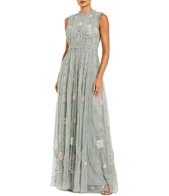 Mac Duggal Ruffle Mock Neck Floral Embroidered Micro Ruffle A-Line Gown