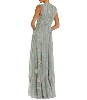 Mac Duggal Ruffle Mock Neck Floral Embroidered Micro Ruffle A-Line Gown