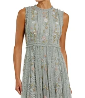 Mac Duggal Ruffle Mock Neck Floral Embroidered Micro Ruffle A-Line Gown