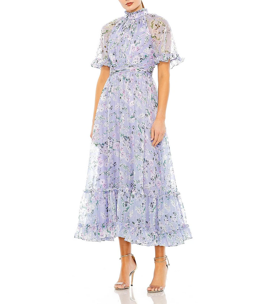 Mac Duggal Ruffle Mock Neck Short Flutter Sleeves Floral Printed Chiffon Flounce Hem A-Line Midi Dress