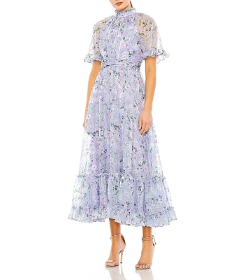 Mac Duggal Ruffle Mock Neck Short Flutter Sleeves Floral Printed Chiffon Flounce Hem A-Line Midi Dress