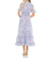 Mac Duggal Ruffle Mock Neck Short Flutter Sleeves Floral Printed Chiffon Flounce Hem A-Line Midi Dress