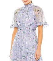 Mac Duggal Ruffle Mock Neck Short Flutter Sleeves Floral Printed Chiffon Flounce Hem A-Line Midi Dress