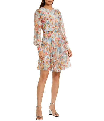Mac Duggal Ruffle Neck Long Illusion Sleeves Floral Mesh Sheath Dress
