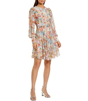 Mac Duggal Ruffle Neck Long Illusion Sleeves Floral Mesh Sheath Dress